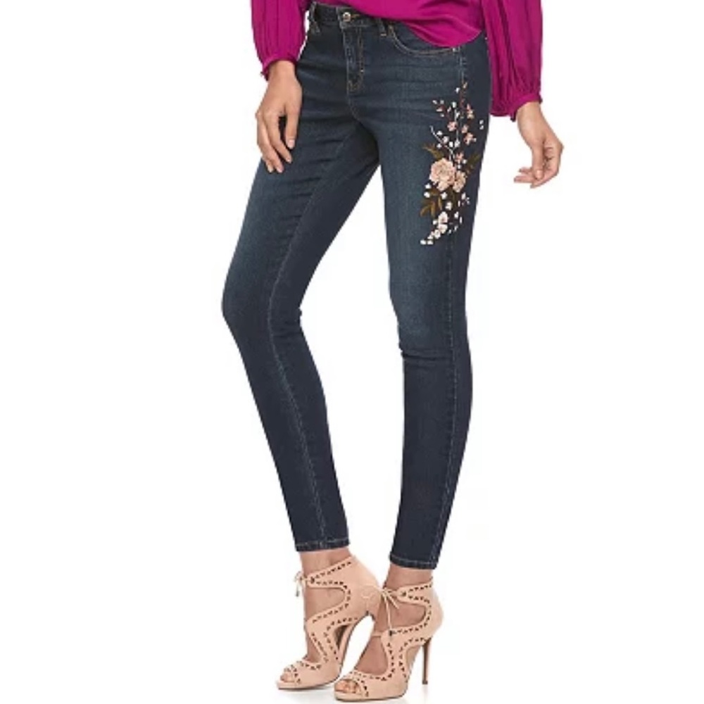 Jennifer Lopez Dark Blue Skinny Jeans with Floral Embroidery